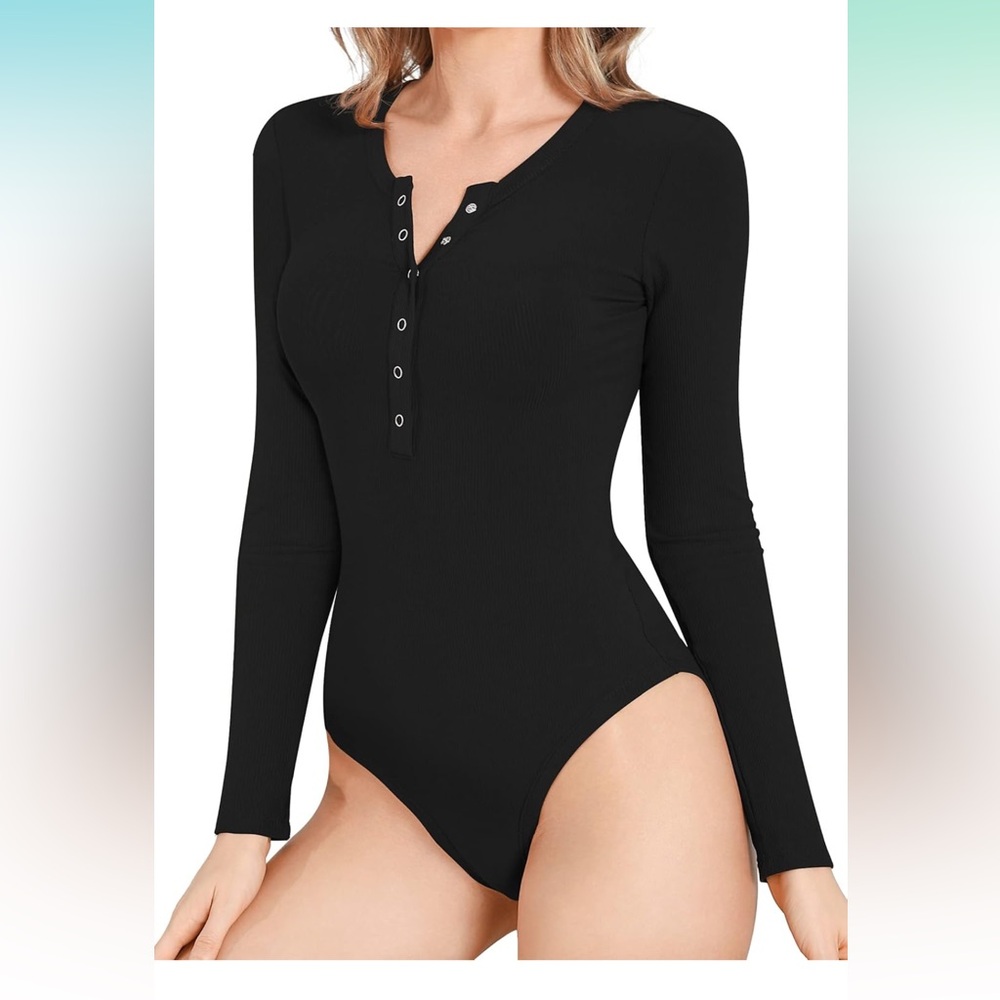 COPY - Snap Closure V Neck Ribbed Long Sleeve Slim Fit Bodysuit